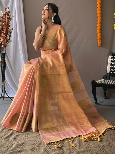 Enchanting Pink Zari Weaving Tissue Silk Function Wear Saree